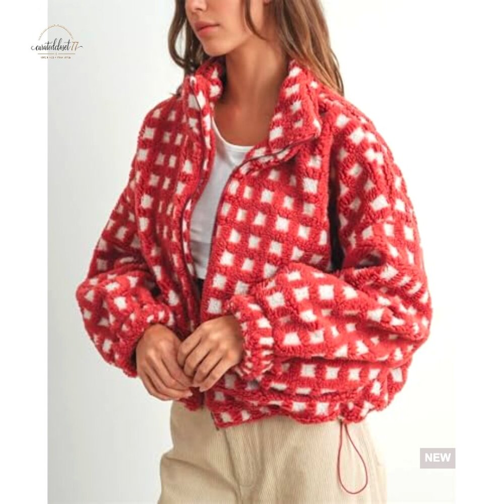 Cropped Sherpa Jacket Plaid Fleece Zip Up Casual Long Sleeve with Pockets - Picture 4 of 7